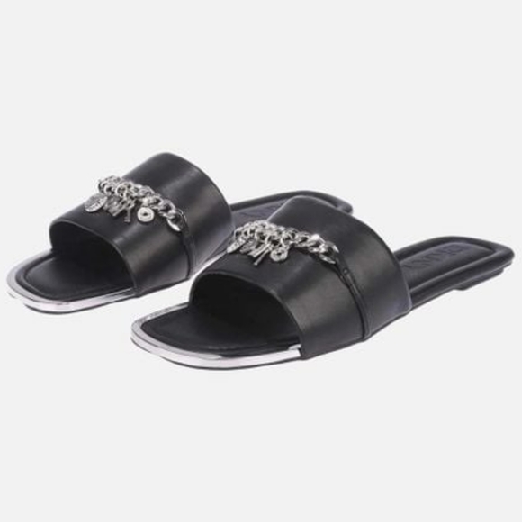 Dkny Shoes - DKNY Women's Black Leather Holden Charms Flat Sandals Size 8